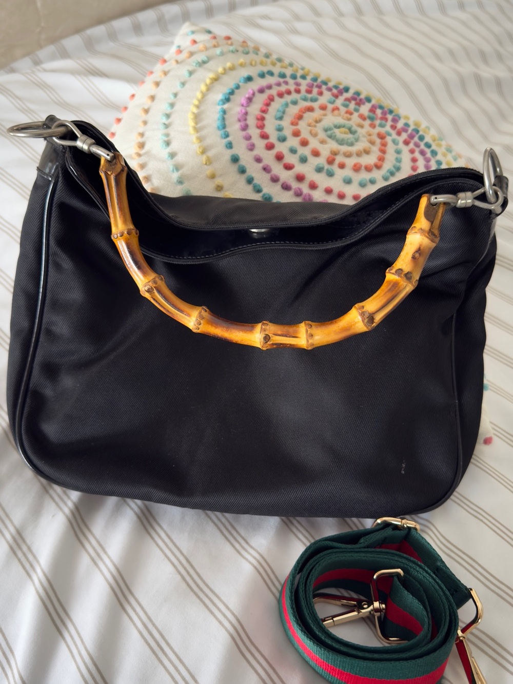 Black Shoulder Bag with Bamboo Handle